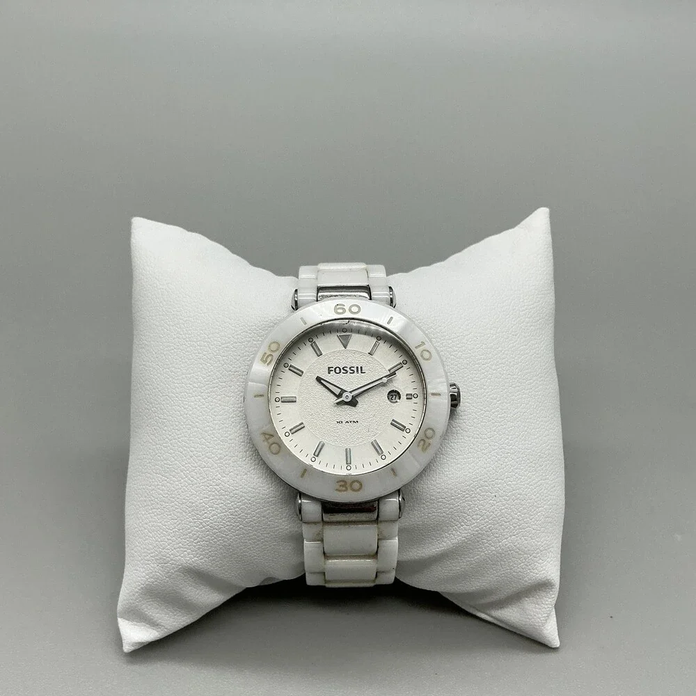Fossil Allie Womens Watch 34mm White Ceramic Date CE-1030 New Battery 6.5